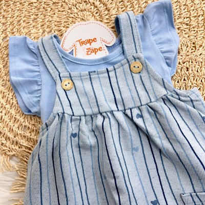 Conj. Body Manga Curta e Salopete Listrada com Corações - Azul Jeans